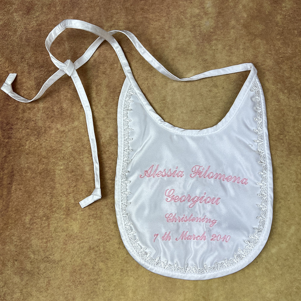 White or ivory personalised girls bib to protect Christening/Baptism dress or gown.