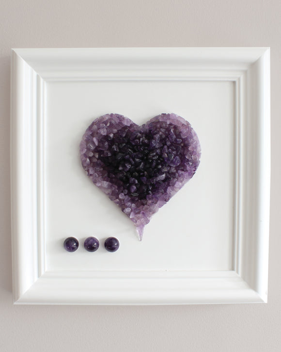 Amethyst Crystal Heart on White high quality wooden frame