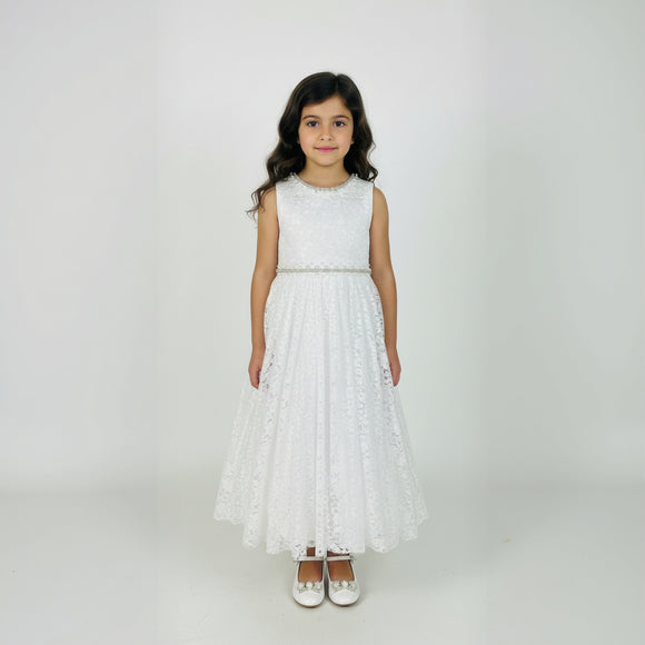 Cerimonia White Communion Bridesmaid Flower Girl Dress Evelyn Front