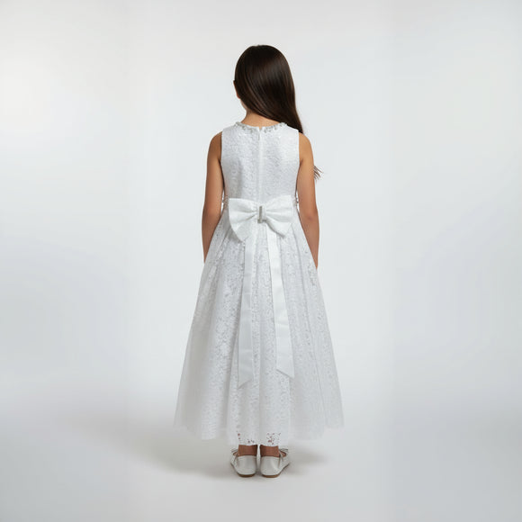Cerimonia White Communion Bridesmaid Flower Girl Dress Evelyn Back