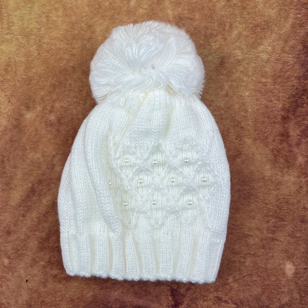 PEX Girls Pom Pom Beanie Hat White B5975