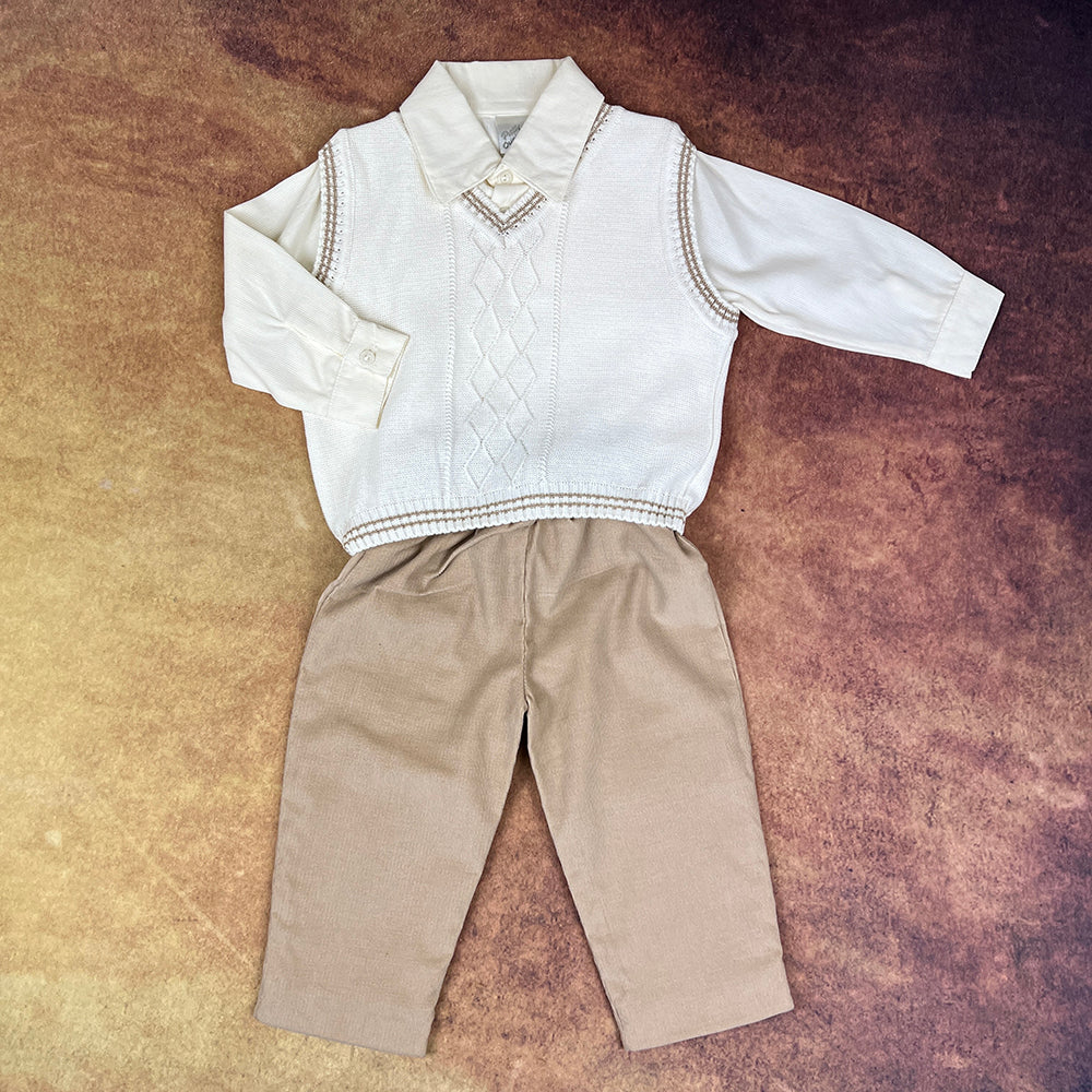 Pretty Originals Boys Three Piece Set Ivory Brown BB5137