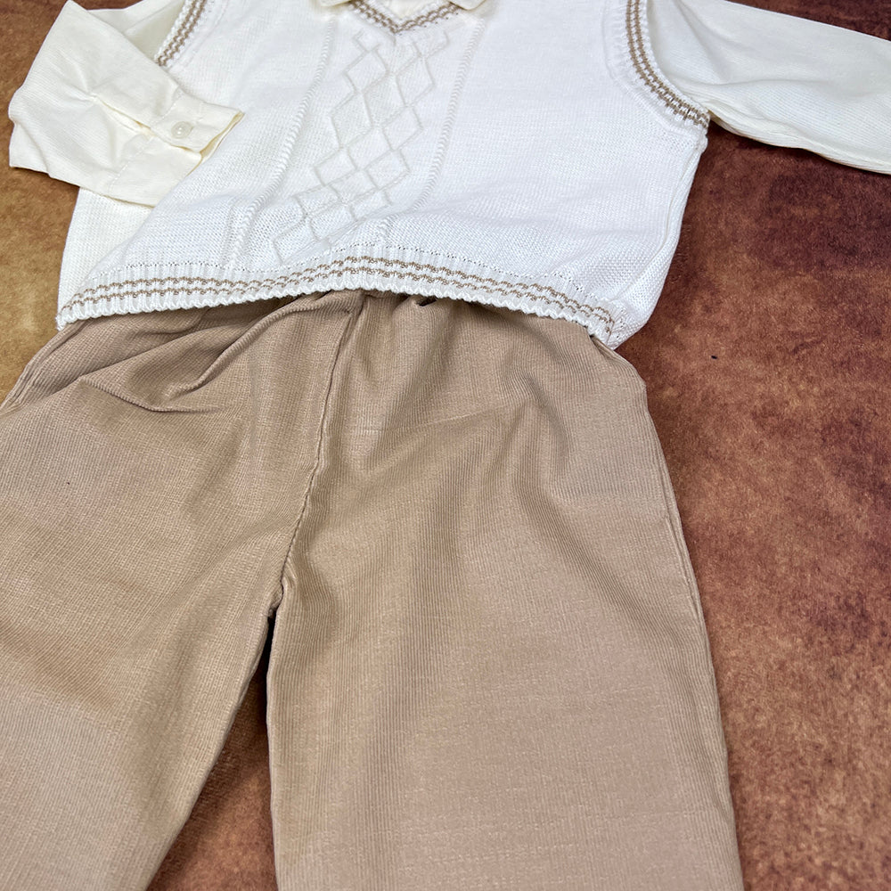 Pretty Originals Boys Three Piece Set Ivory Brown BB5137