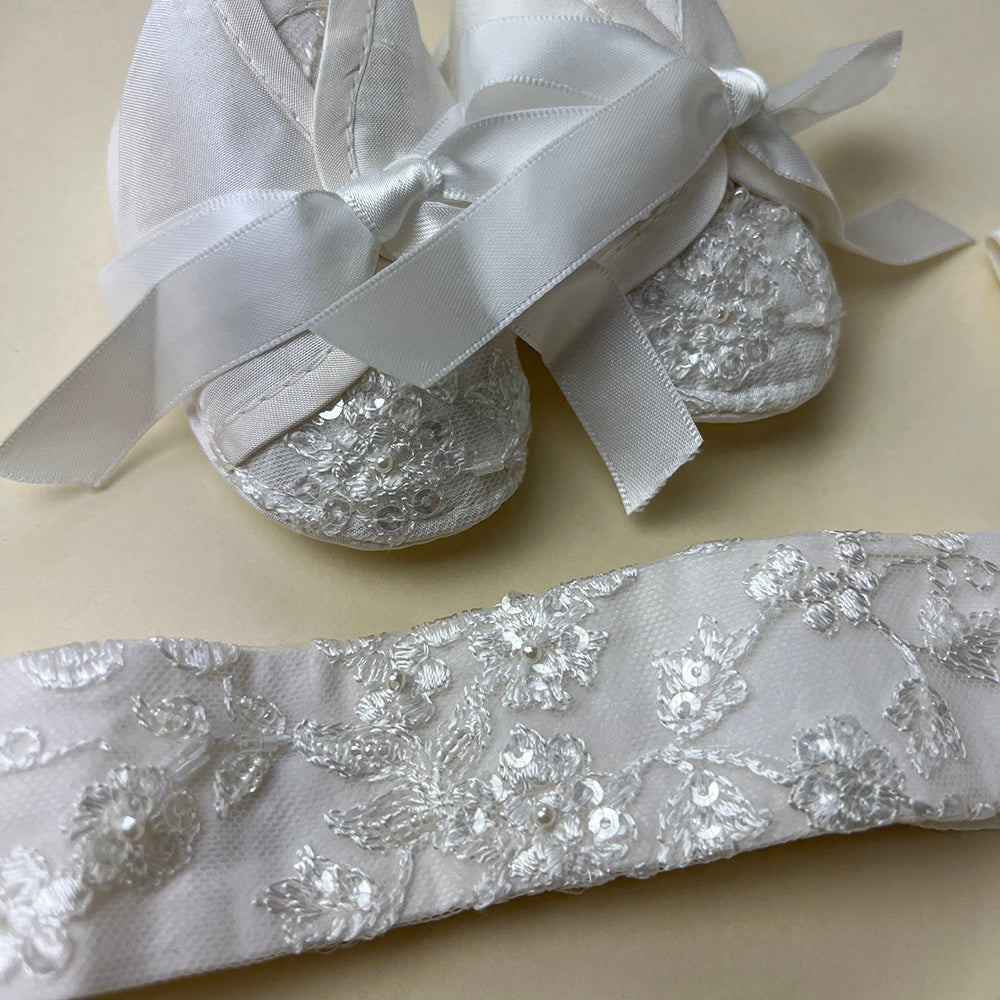 DE4241B Delicate Elegance Christening Dress Shoes Hairband