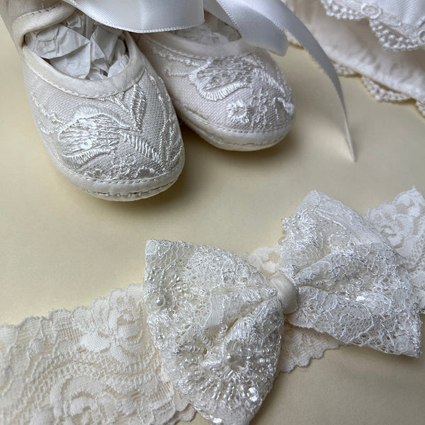DE4246 Delicate Elegance Christening Gown Shoes and Hairband