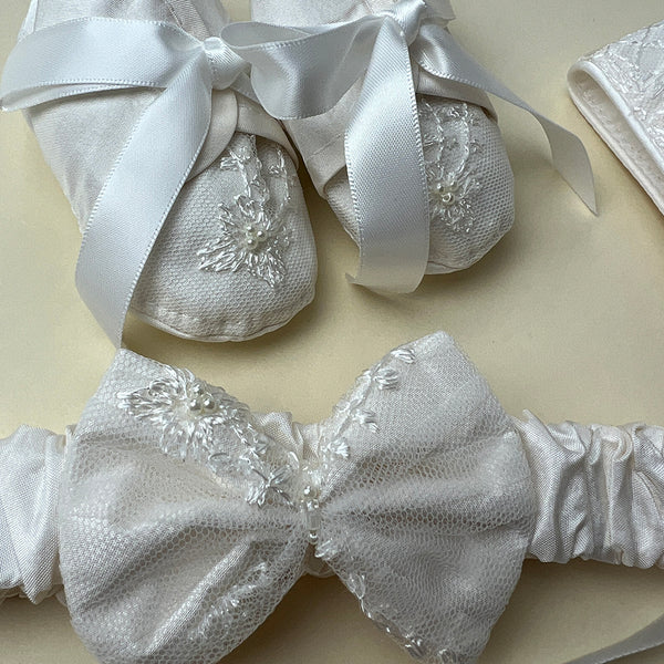 DE4267 Delicate Elegance Christening Gown Shoes and Hairband