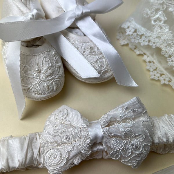 DE4291GP Delicate Elegance Christening Gown Shoes and Hairband