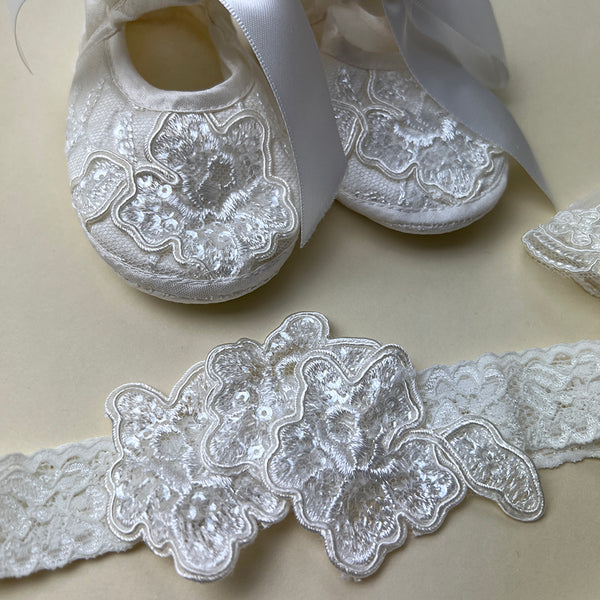 DE4312 Delicate Elegance Christening Gown Shoes and Hairband