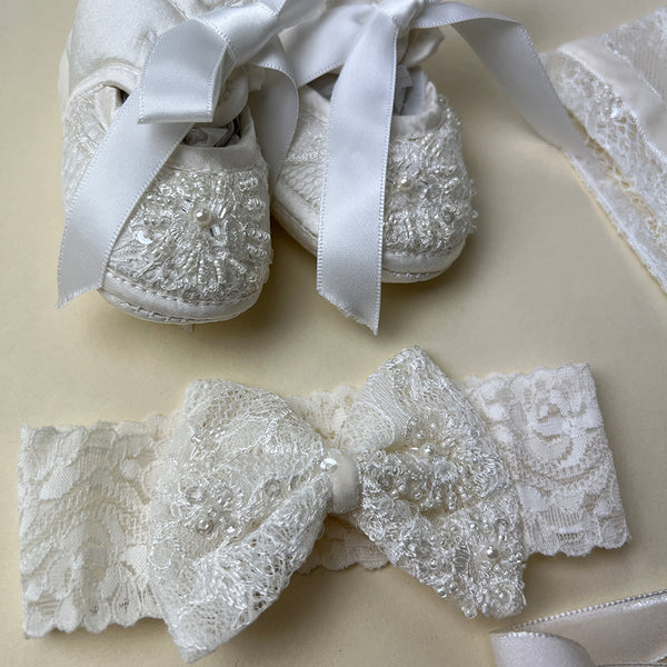 DE4330G Delicate Elegance Christening Gown Shoes and Hairband