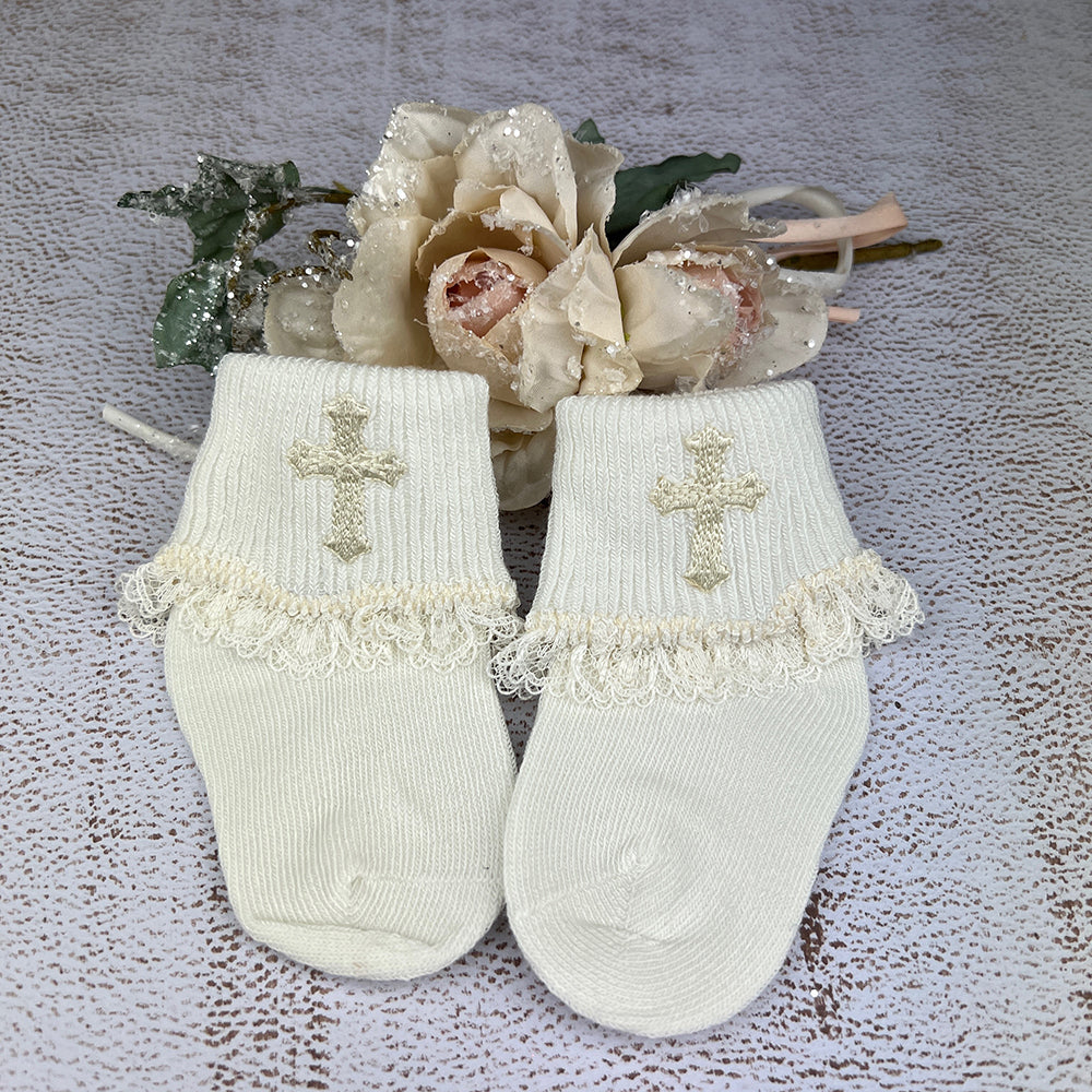 Girls Socks With Cross JS2121 Ivory