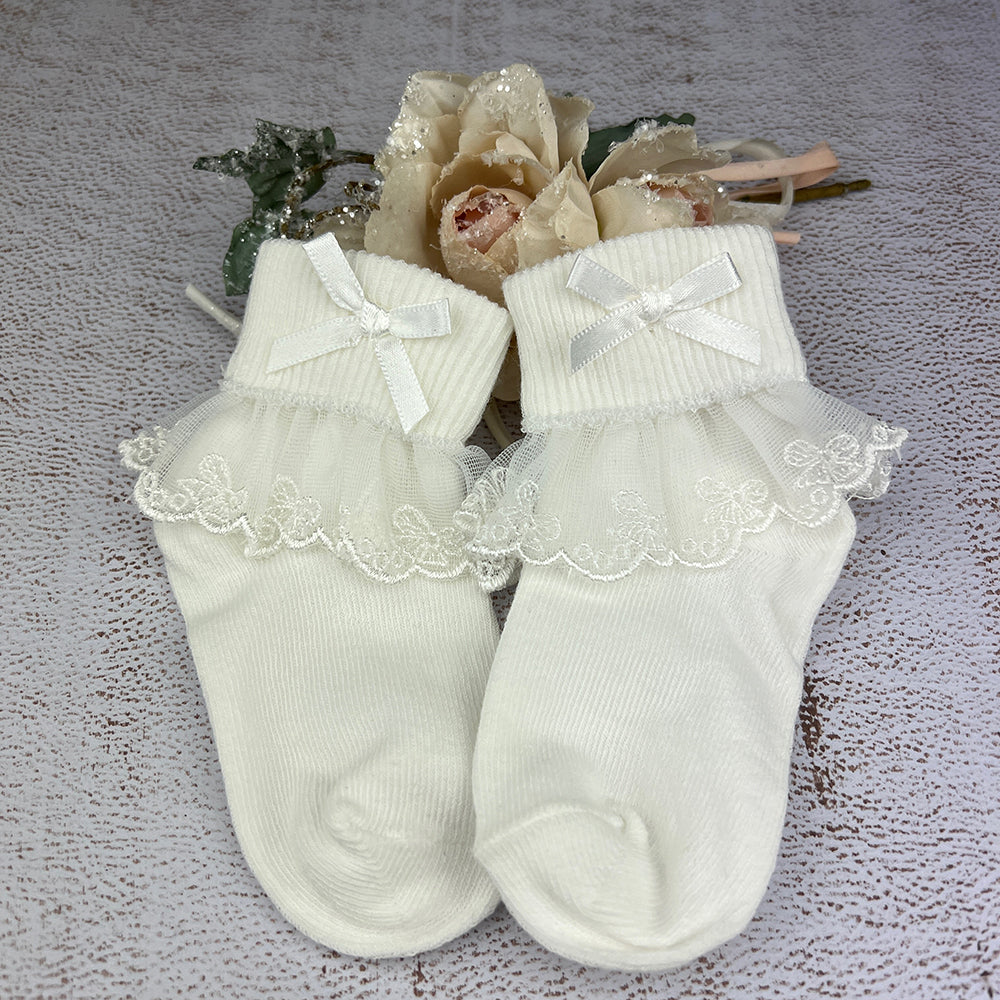 Bow Lace Girls Socks S5221 Ivory