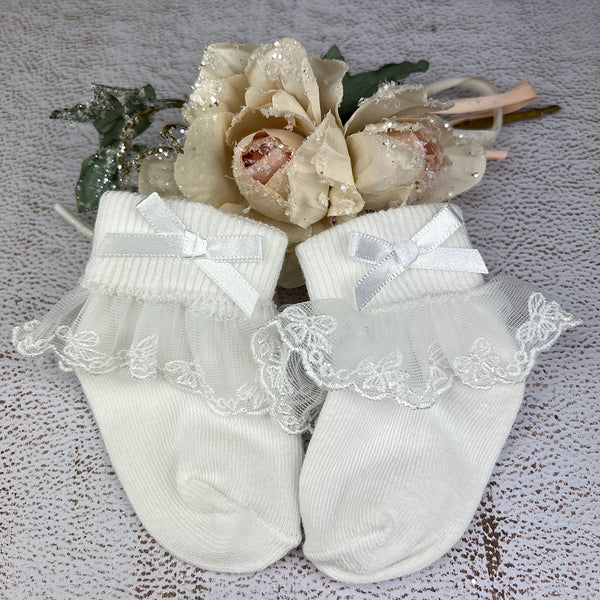 Bow Lace Girls Socks S5221 White