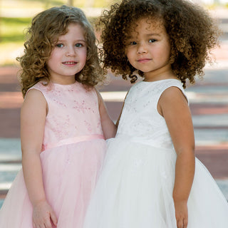Sarah Louise Ceremonial Ballerina Length Dress White and Pink 070035 Worn By 2 Girls