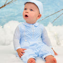 Sarah Louise Long Sleeve Romper And Cap C3001 Blue Worn By Baby