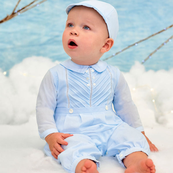 Sarah Louise Long Sleeve Romper And Cap C3001 Blue Worn By Baby
