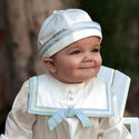 Sarah Louise Long Sleeve Silk Romper And Hat 002238L Ivory Blue Worn By Baby