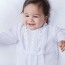 Sarah Louise Long Sleeve Romper And Hat 010846 White Worn By Baby