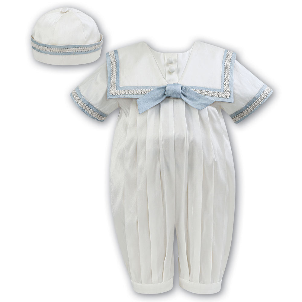 Sarah Louise Short Sleeve Silk Romper And Hat 002238S Ivory And Blue